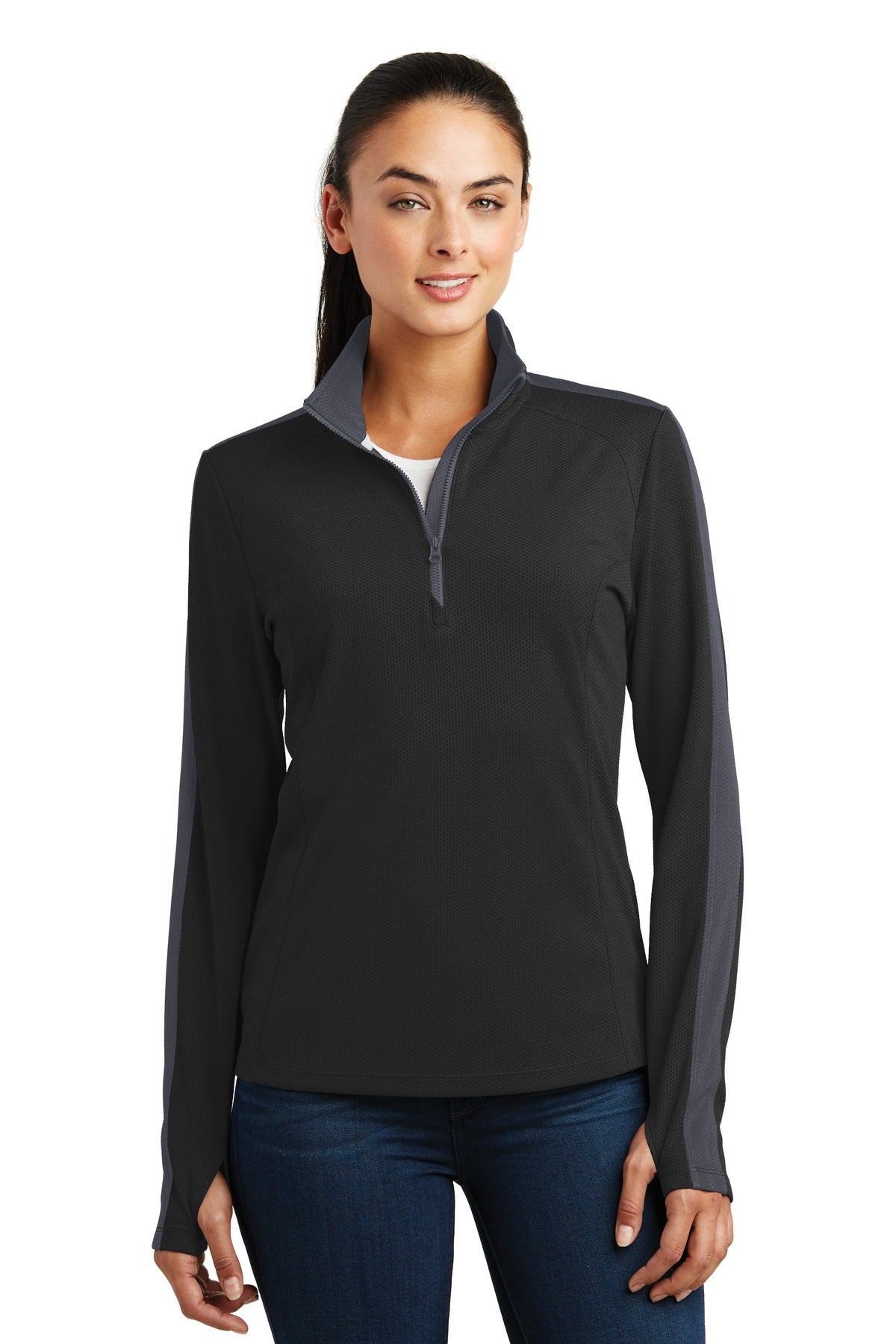 Sport-Tek® Ladies Sport-Wick® Textured Colorblock 1/4-Zip Pullover. LST861